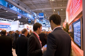Two businessmen look at a large display screen at a crowded trade show