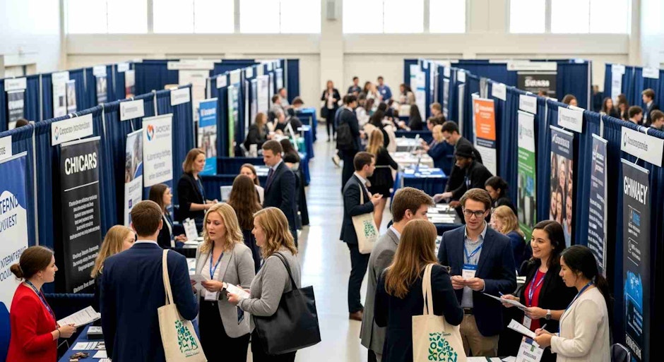 Students and Recruiters Networking at a Bustling University Career Fair Expo