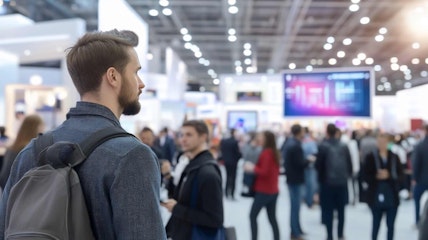 A man with a backpack looks around at a crowded trade show