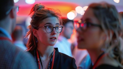 Indiscernible faces of attendees conversing over futuristic gadgets and gizmos at a defocused tech event