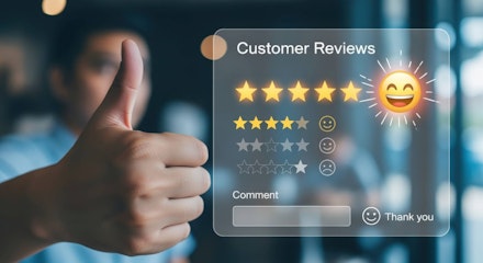 Customer feedback concept person expressing satisfaction with a product or service shown on a transparent interface