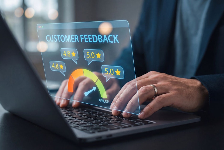 Man typing on laptop with holographic customer feedback interface and rating meter