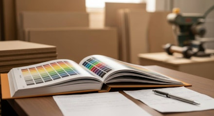A book with color swatches and a pen on a table