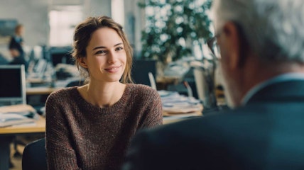 Meeting in an office with a woman smiling at an older man in a business setting