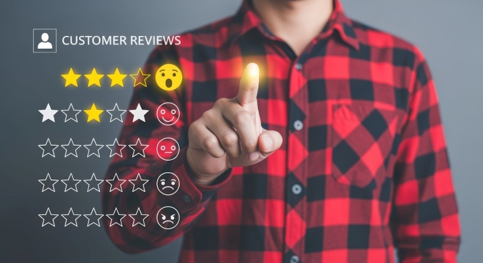 Online Customer Experience Feedback Concept Man Interacting with Digital Review Interface on Gray Background