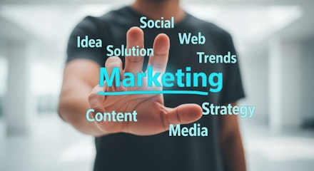 Digital marketing concept presenting modern strategy, solutions, content, and trends through a mans outstretched hand