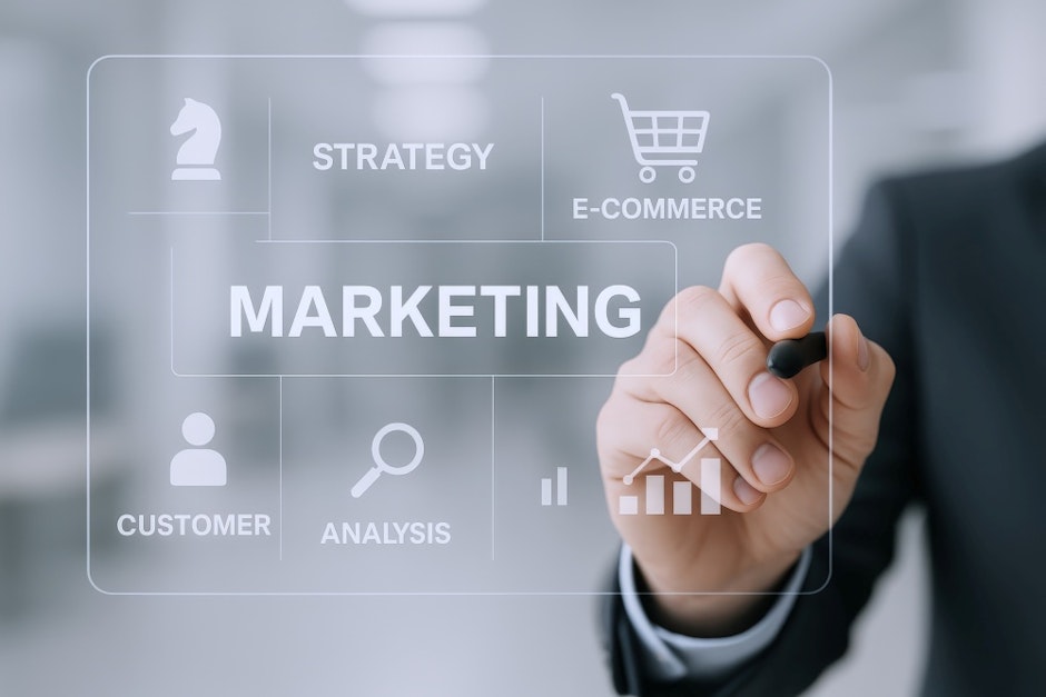 Interactive Marketing Strategy Business Professional Demonstrates Digital E-commerce Analysis and Customer Engagement