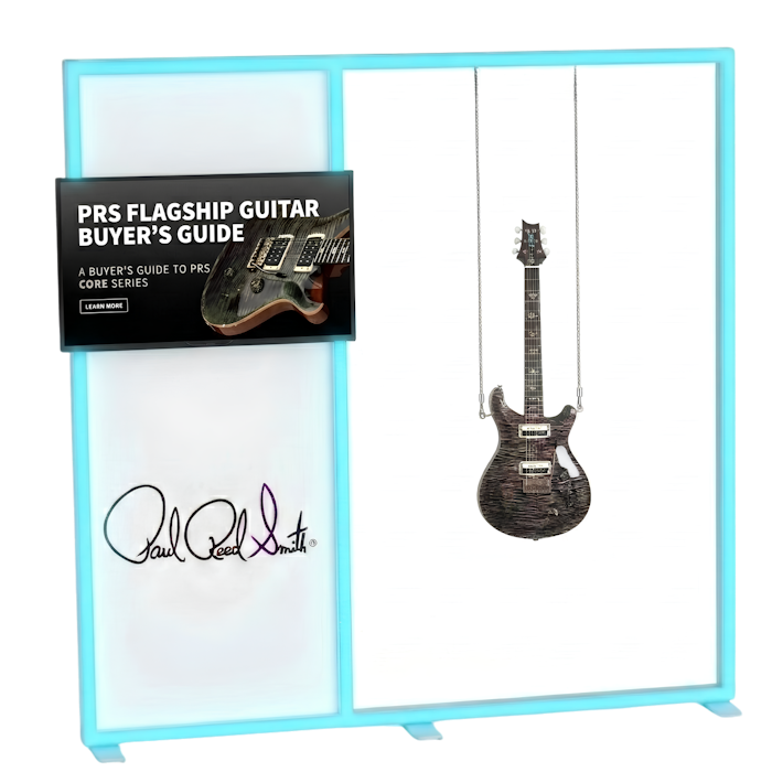 LINEUP Showroom Product Display - LINEUP example, Guitar hanging from LED Display