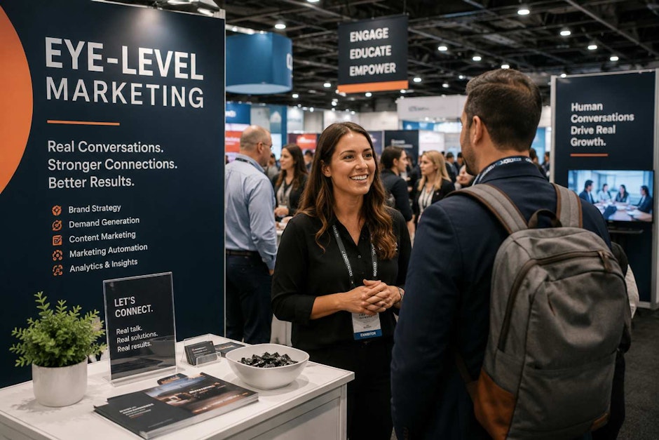 Busy trade show booth interaction