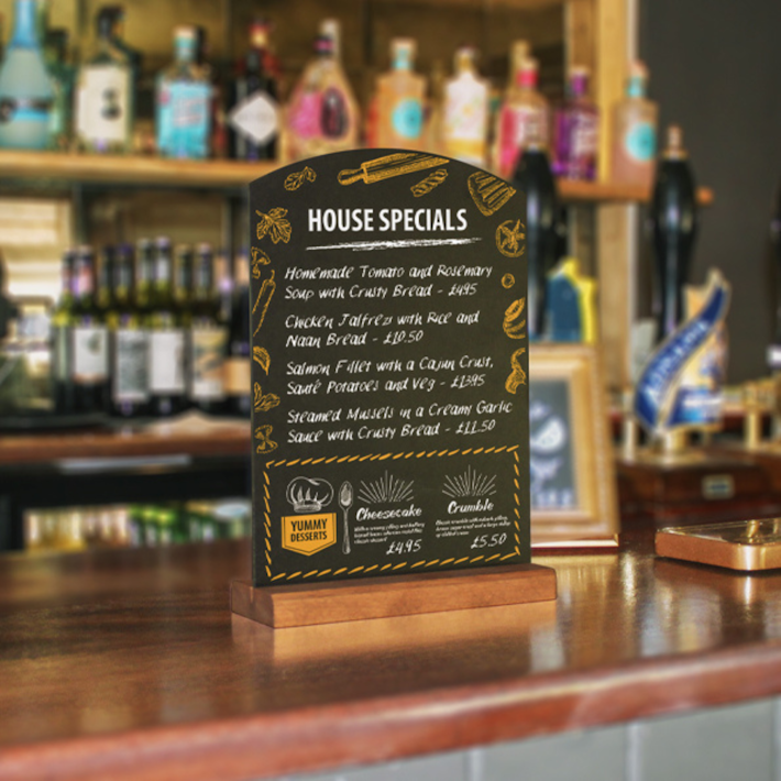 A5 A4 and A3 table top chalkboards with hardwood bases and printed menu graphics