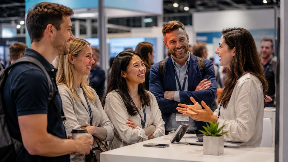 trade show booth with a small crowd of engaged attendees listening to an exhibitor