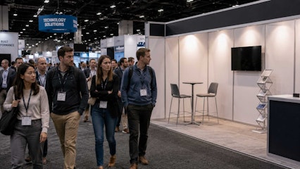rade show aisle with attendees walking past an empty, uninviting booth featuring minimal displays, poor visual appeal, and no engagement