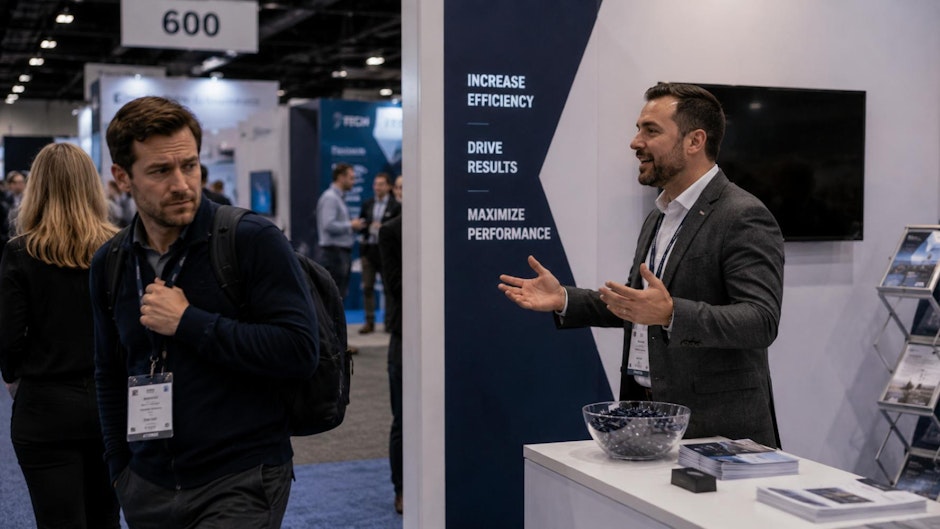 trade show scene with an attendee avoiding eye contact and walking past an exhibitor reaching out to greet visitors