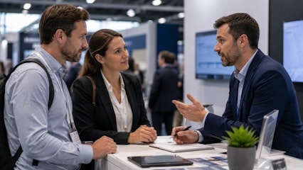 trade show booth where an exhibitor asks thoughtful questions and actively listens to visitors