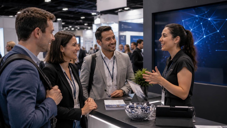 trade show booth where an exhibitor engages visitors through friendly conversation, active listening, and natural body language