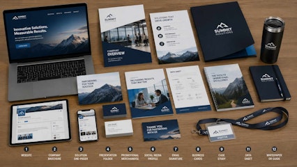 modern business marketing assets including brochures, business cards, branded stationery, digital devices, presentation materials, and promotional products