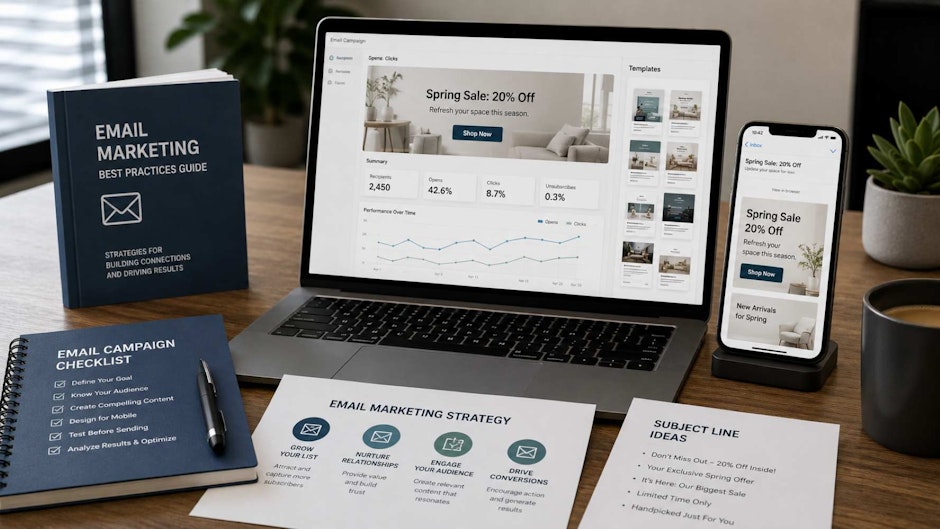 modern office workspace featuring email marketing resources