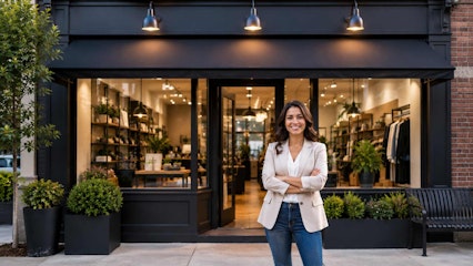 small business storefront with a confident owner standing outside, premium exterior design, welcoming entrance, and professional atmosphere