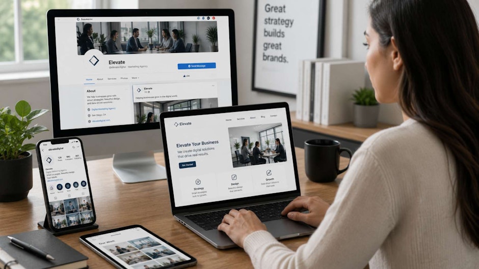 small business owner working at a modern desk with a laptop, smartphone, and tablet displaying a professional website and active digital presence
