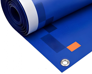 A roll of PVC Banner Material that is blue.