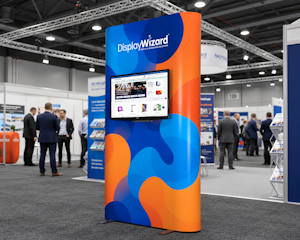 A Straight 3x1 Blue and Orange Pop Up Display which includes a TV in the centre. The background is a typical exhibition hall.