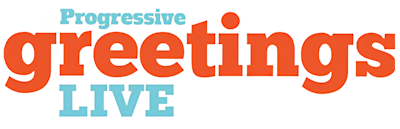 Greetings in large orange text with Progressive in smaller blue text above it and Live in a similar design but below.