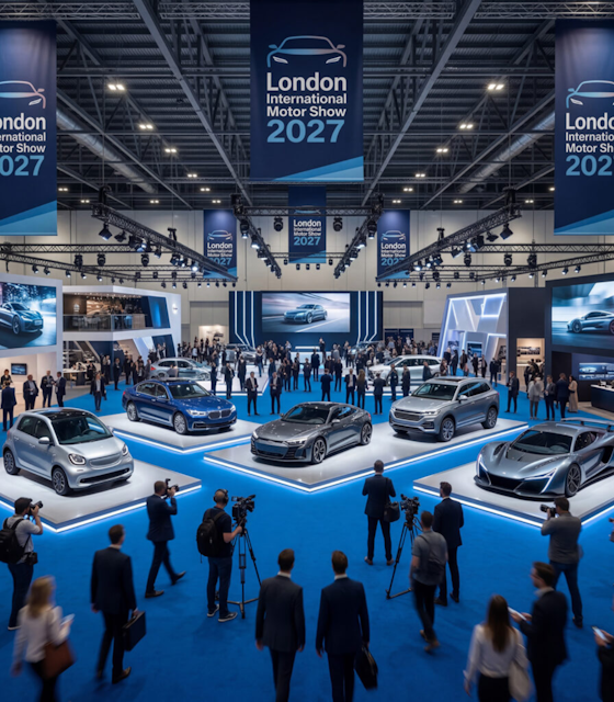 A hall of sports cars with people surrounding them, London Motor Show branding draped along the ceilings.