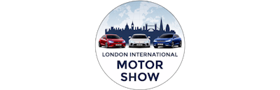 A circular logo with three cars in front of a backdrop of London.