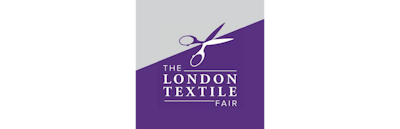 The London Textile Fair written in a purple and grey box with a pair of scissors above the text.