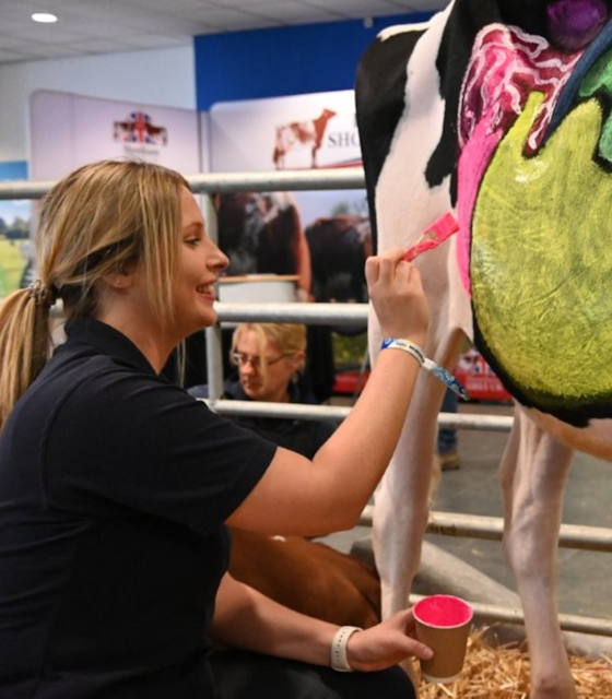 A Lady Painting the autonomy of a cow onto a live cow.