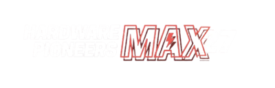 Hardware Pioneers written next to a red Max with a lightning bolt inside of it.