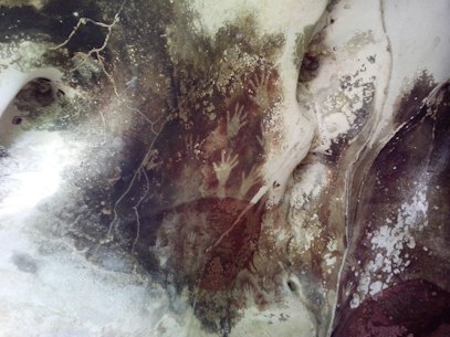 Prehistoric hand stencils at Pettakere Cave, South Sulawesi, Indonesia