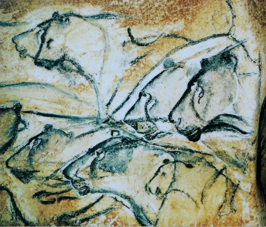 Museum replica of prehistoric lion paintings from Chauvet Cave, France