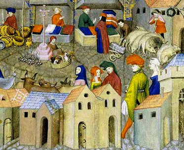 Medieval fair or market scene from an illuminated manuscript, circa 1400