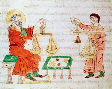 Medieval merchants weighing and bargaining over goods with scales