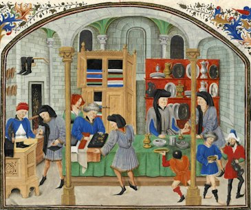 Medieval market scene showing traders, goods and stalls