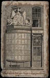 Illustration of Timothy Sheldrake's shopfront on the Strand in London, circa 1820