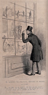 1839 illustration of a man looking through a shop window