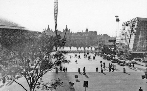 Festival of Britain South Bank Exhibition in 1951 with the Dome of Discovery and Skylon