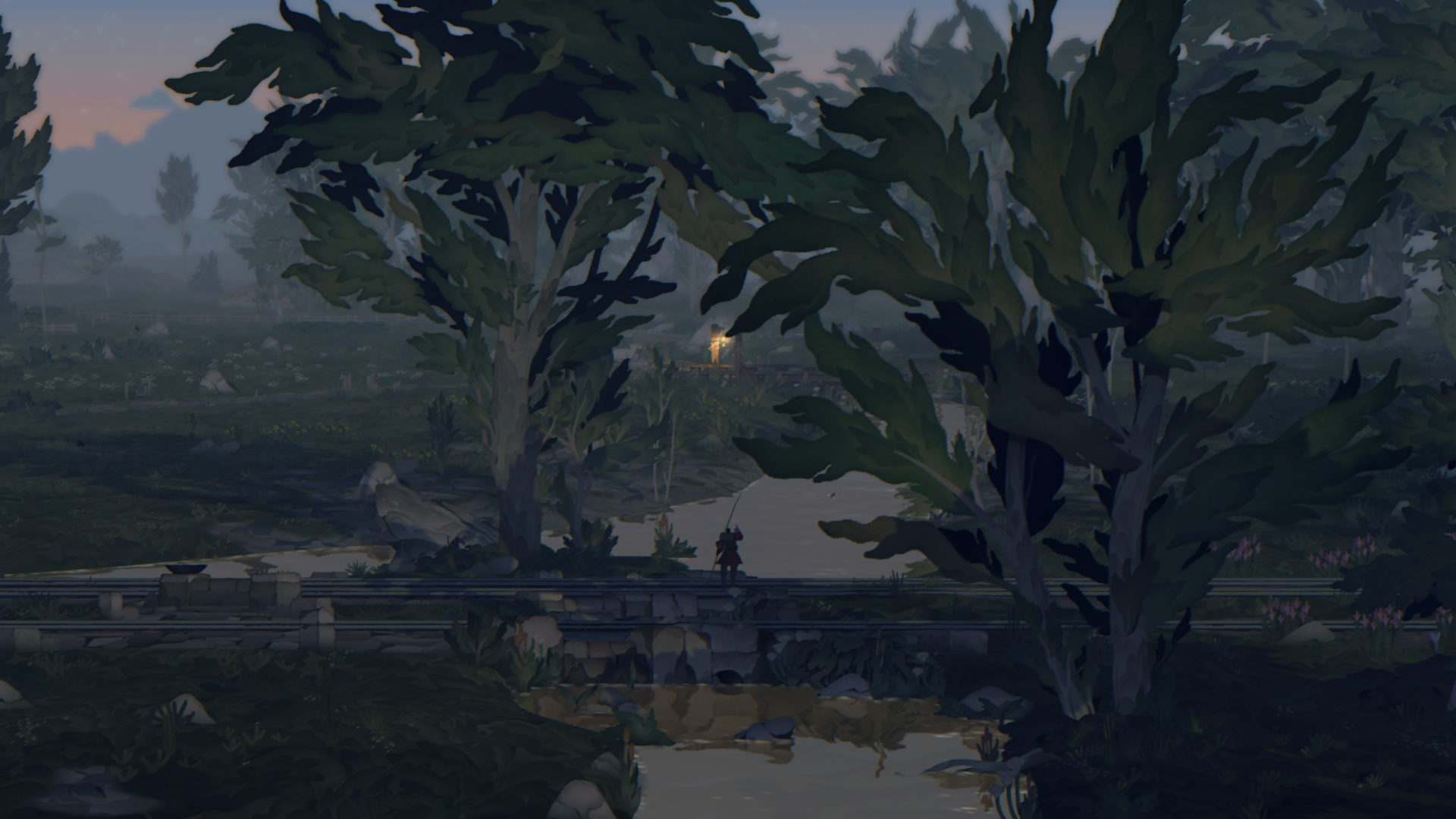 An image from the game Book of Travels featuring a character fishing serenely at dawn. The scene is set near a canal with a railway crossing it, surrounded by trees, and a peaceful meadow in the background.