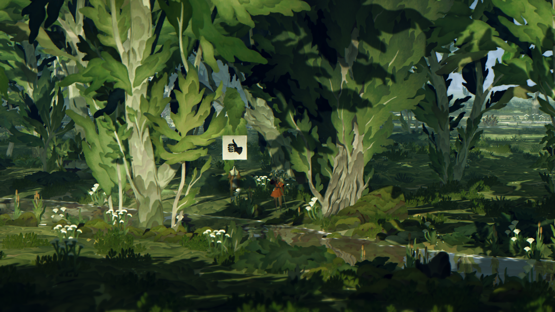 A lively, full daylight image from the game Book of Travels, featuring two characters standing in a lush, green grove. One character is expressing positivity with a thumbs-up emoji, showcasing the interactive and social aspects of the game.