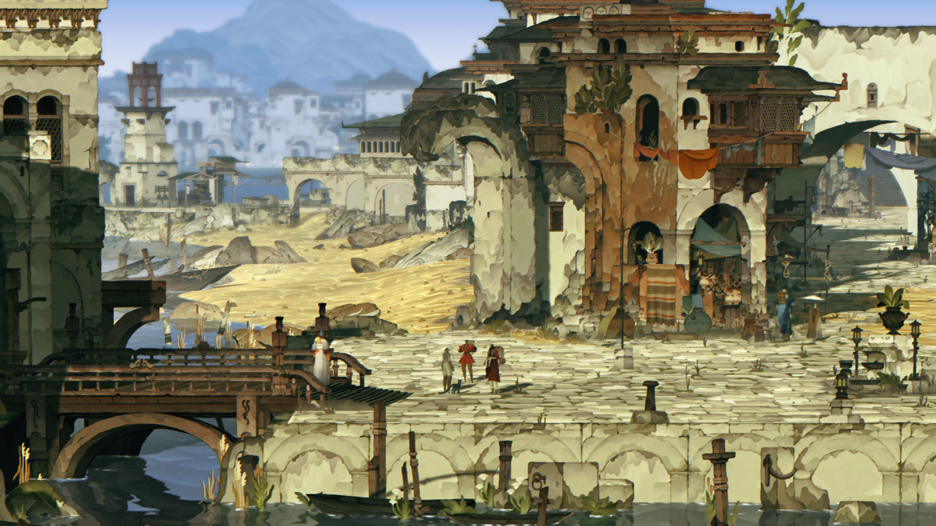 An image from the game Book of Travels showcasing the city of Kasa, a charming waterfront locale with old buildings and characters gathered around a cat. The city's close proximity to the water and its vibrant community life are striking features of the game's immersive environment.