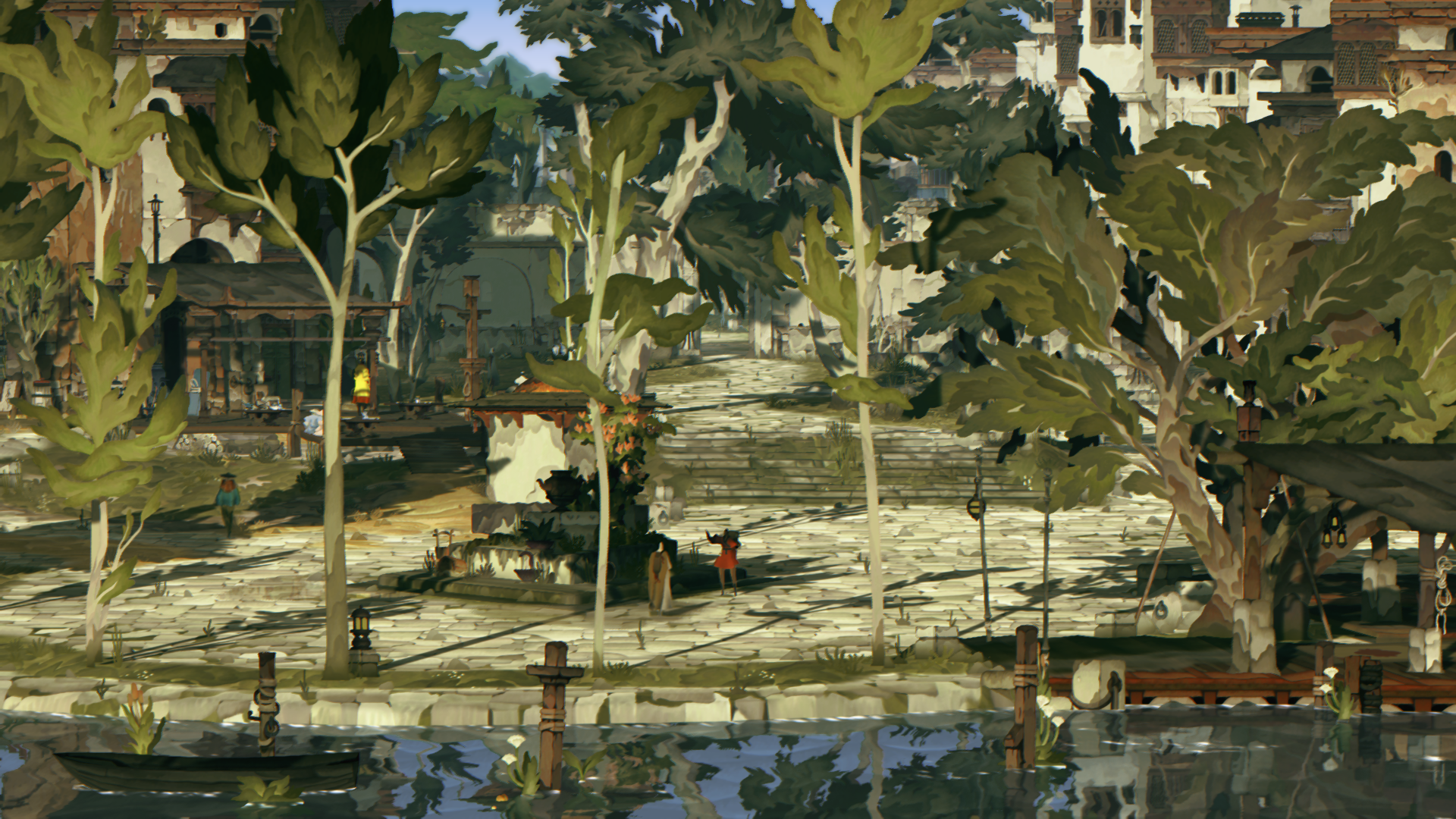 A more populated scene from the game Book of Travels set in Kasa, featuring four characters engaged in various activities. Two characters seem to be conversing in the foreground, another is in what appears to be a shop, and the fourth is walking towards a small wooden boat on the lake. There's also a small steam boat station in the right corner. The image presents a more detailed view of Kasa with additional trees and buildings, illustrating the intricate and lively environment of the game.