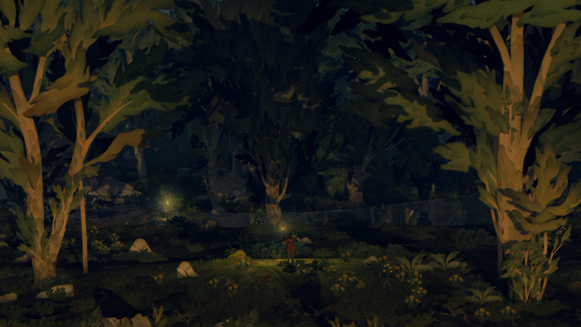 A night scene from the game Book of Travels showing two characters navigating a forest, one walking on a trail with a lantern and the other character walking in a river beside the trail. The scene underscores the game's element of exploration and adventure under the stars.