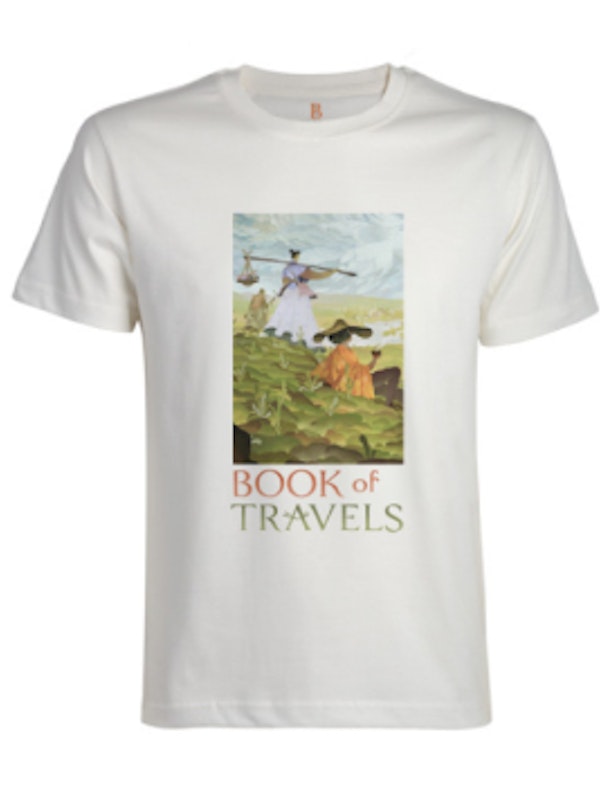 A white T-shirt with printed art