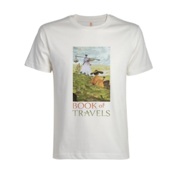 A white T-shirt with printed art