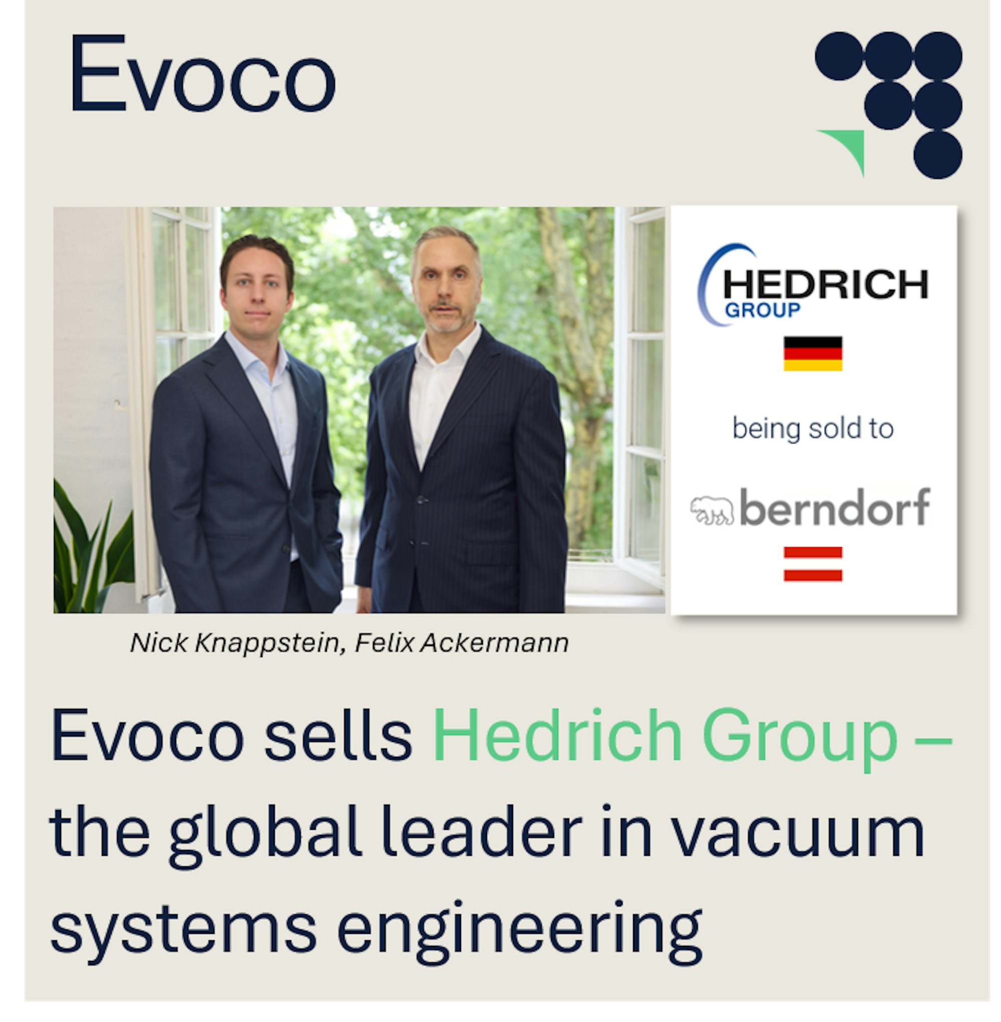 Evoco sells Hedrich Group, the global leader in vacuum systems engineering 