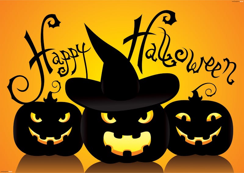 three halloween jack o lanterns and the words Happy Halloween