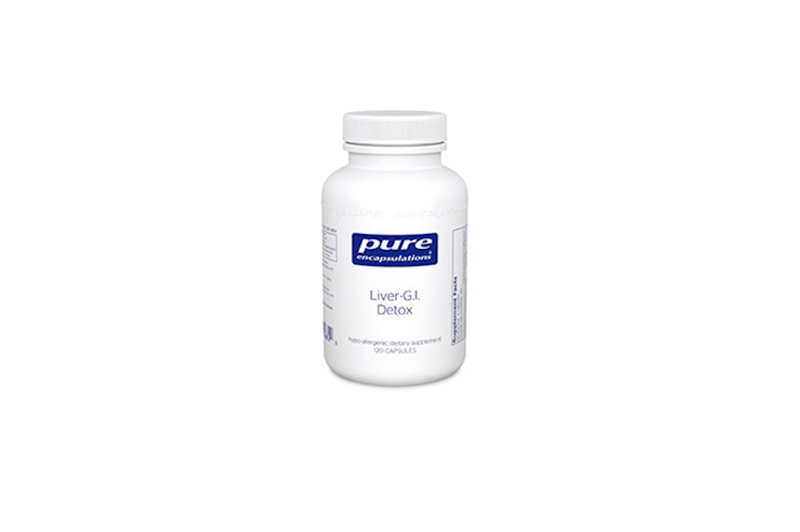 a close up of a bottle of Pure Liver GI Detox dietary supplement