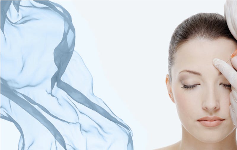 woman getting a botoxoxation from a doctor and a image of water on the side